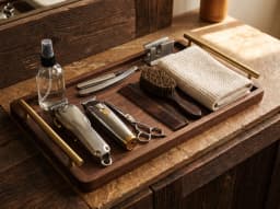 Barber clippers, shears, a comb, and a beard brush laid out on a wooden tray