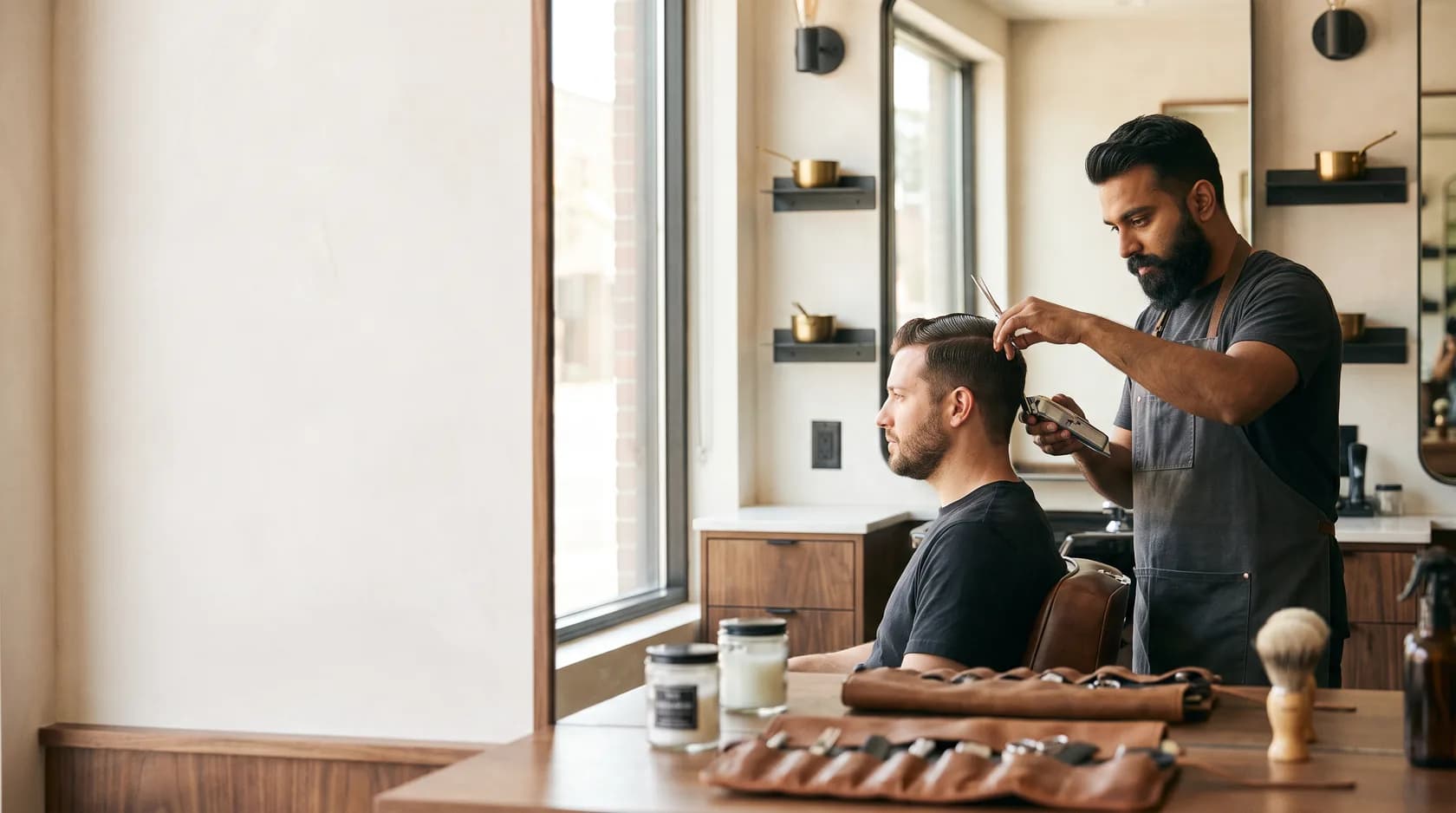 A barber sectioning a client's hair with a comb and clippers in a warm, modern barbershop