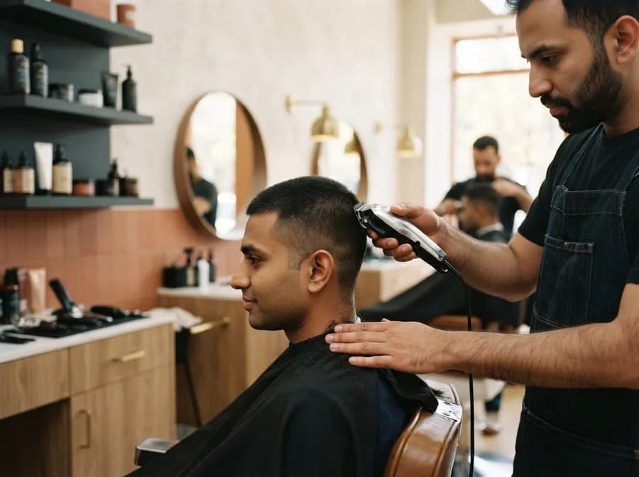 A barber using clippers to give a client a close buzz cut in a bright barbershop