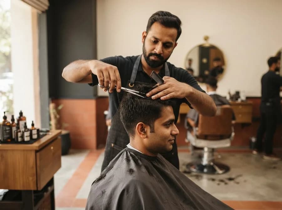A barber cutting a client's hair with scissors and a comb in a bright, modern barbershop