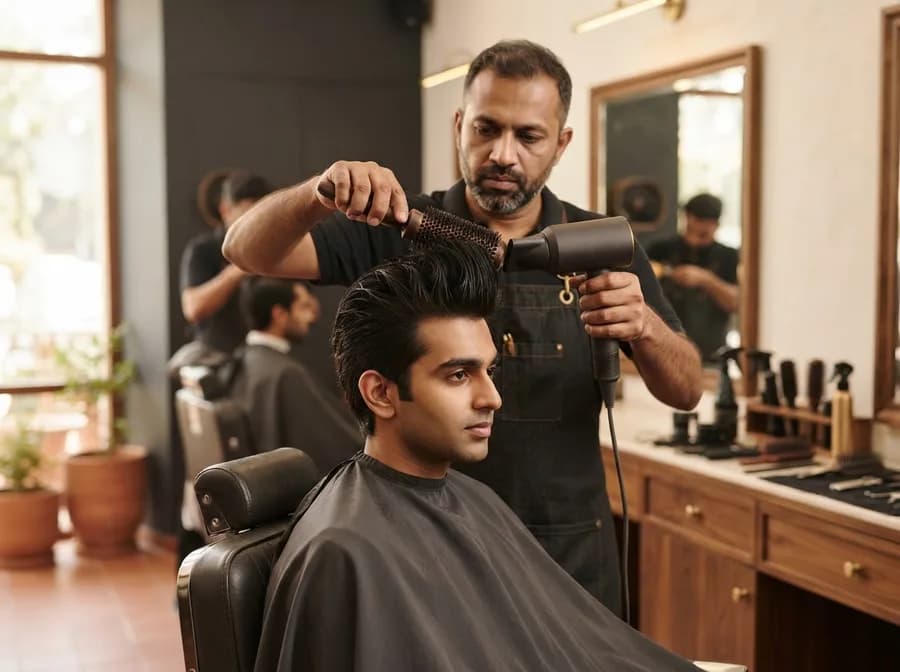 A barber styling a client's pompadour with a blow dryer and round brush in a barbershop