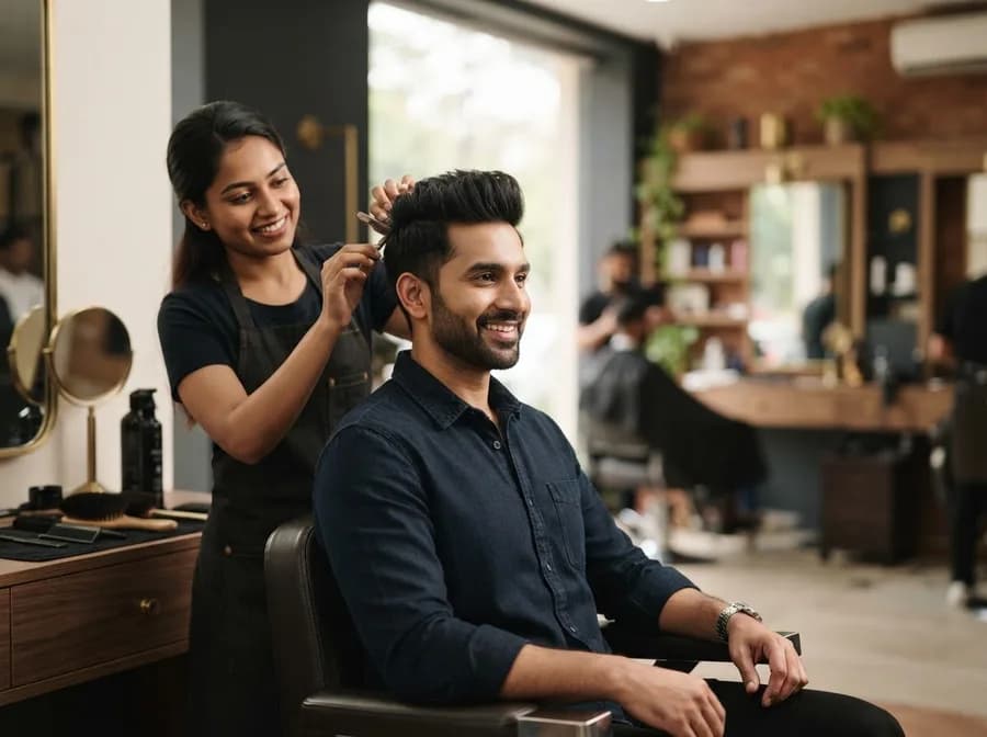 A smiling stylist styling a seated client's voluminous quiff hairstyle