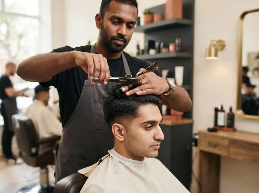 A barber trimming a client's hair with shears and a comb in a barbershop chair