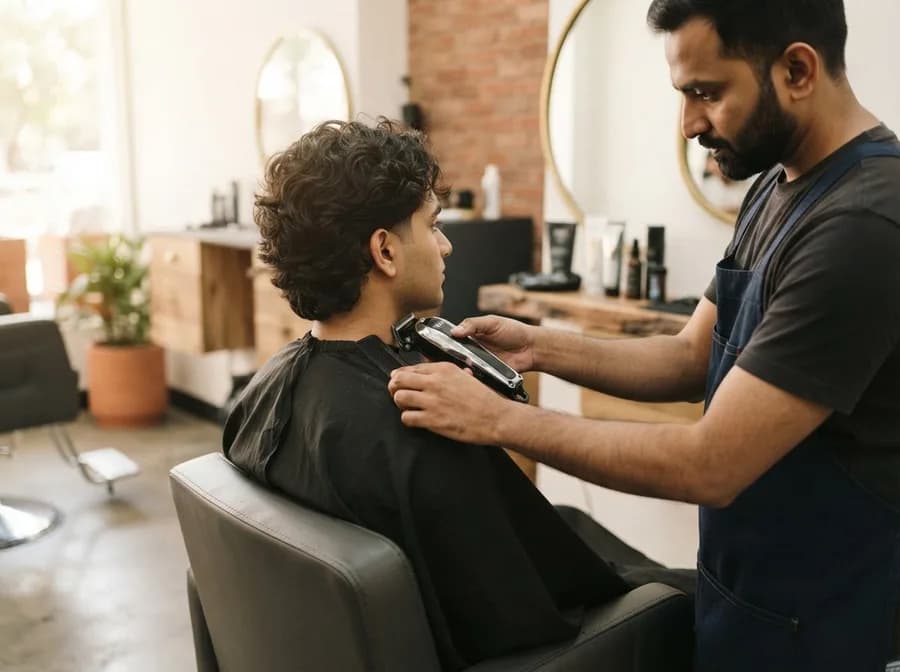 A barber using clippers to shape the back and sides of a client's curly hair in a modern barbershop