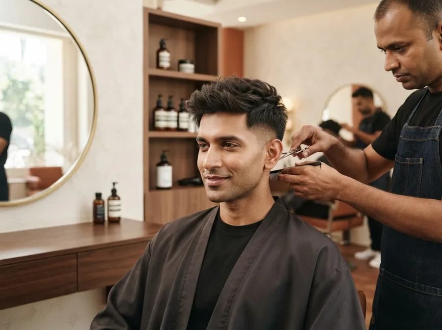A barber trimming the sides of a client's textured crop haircut with scissors and a comb