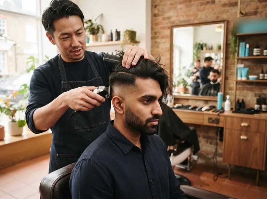 A barber using clippers on the sides of a client's hair for an undercut with longer hair left on top