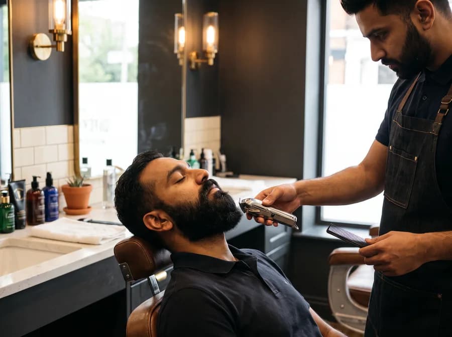 A barber trimming a client's beard with a precision trimmer beside a barbershop sink station