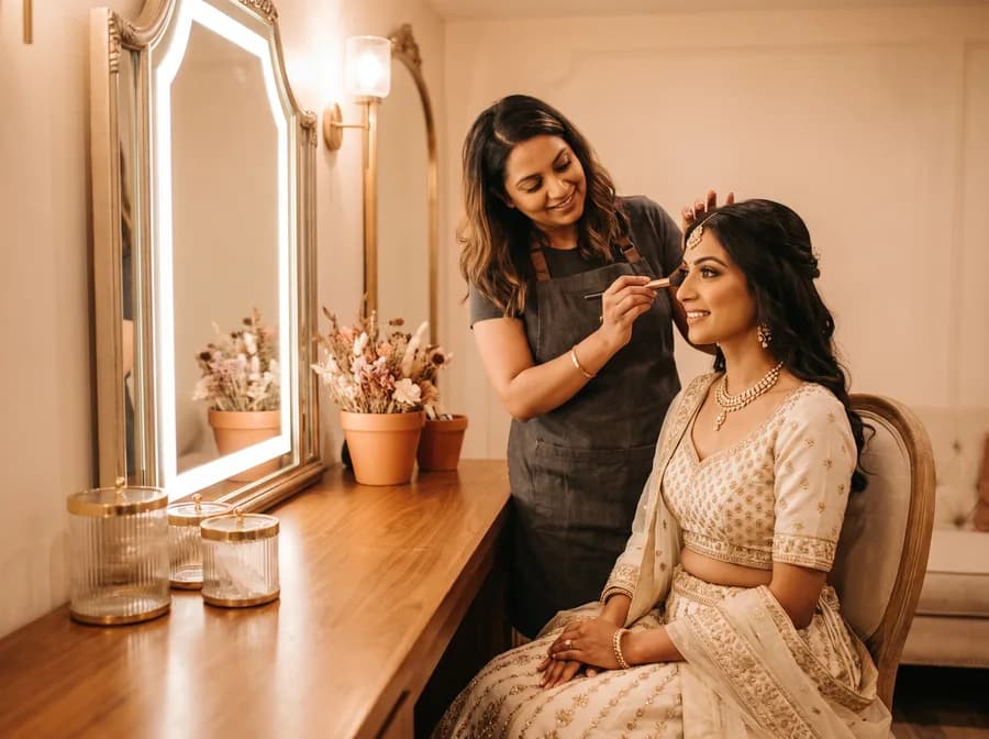 A makeup artist finishing a bride's look before an event