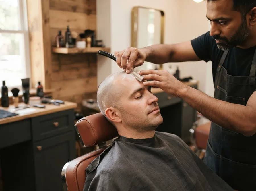 A barber giving a client a head shave with a straight razor and shaving foam