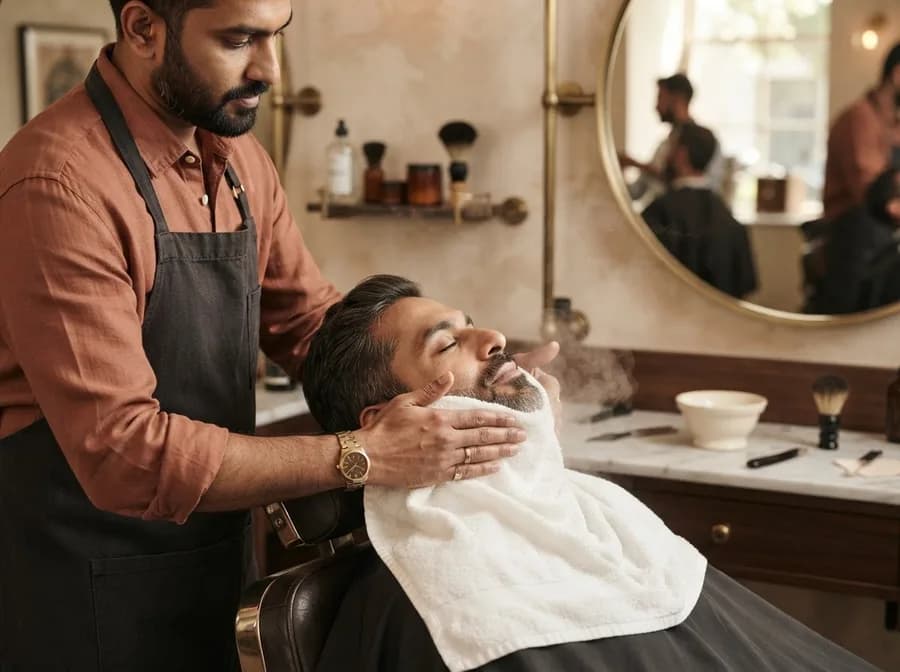 A barber wrapping a client's face in a hot towel before a shave in a barbershop