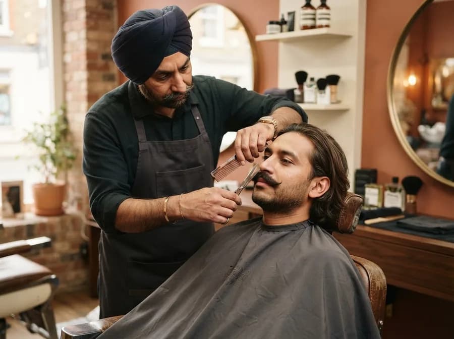 A barber trimming a client's moustache with scissors and a comb