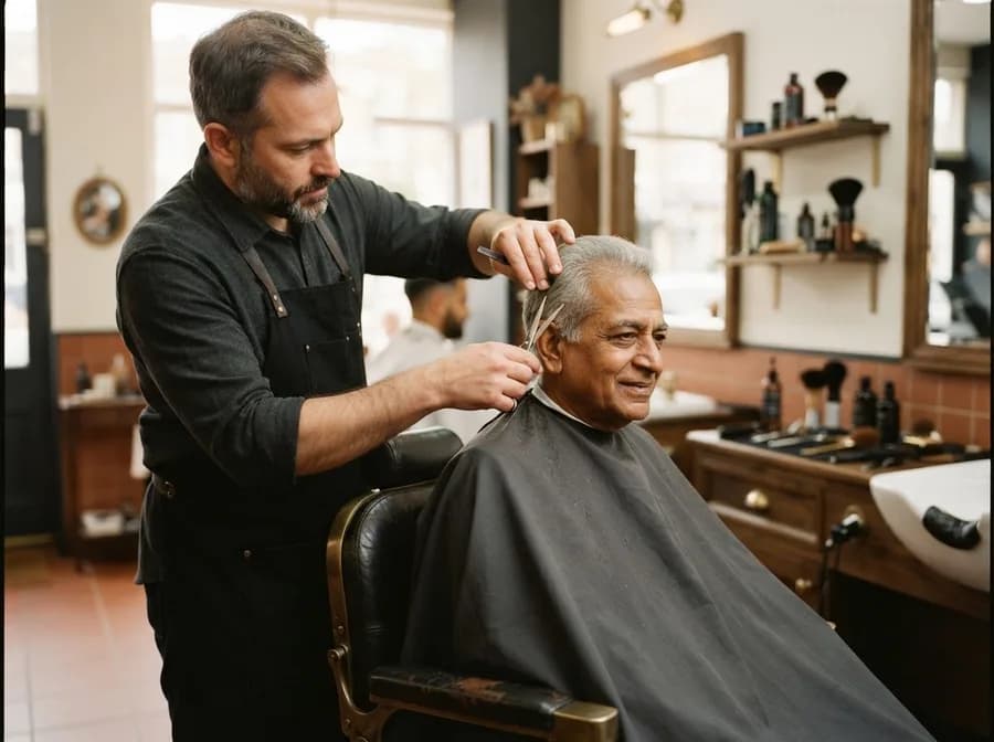 A barber trimming an older client's grey hair with scissors in a barbershop