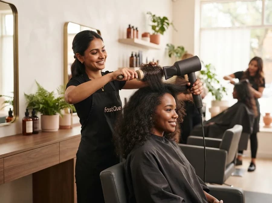 A stylist giving a client a blowout with a hair dryer and round brush in a salon