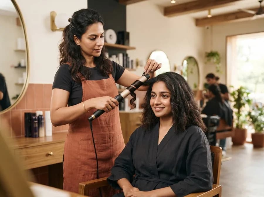 A stylist curling a client's long hair into waves with a curling wand