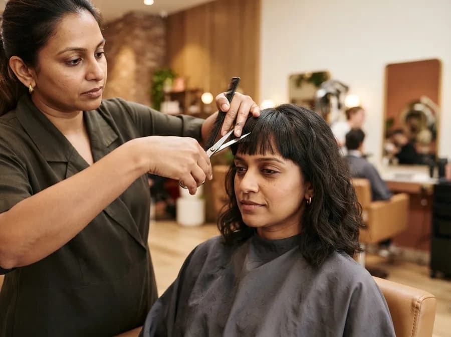 A stylist cutting a client's fringe with scissors and a comb in a salon