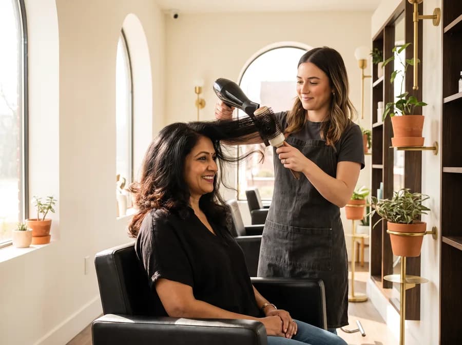 A stylist blow-drying a client's hair with a round brush in a bright, plant-filled salon