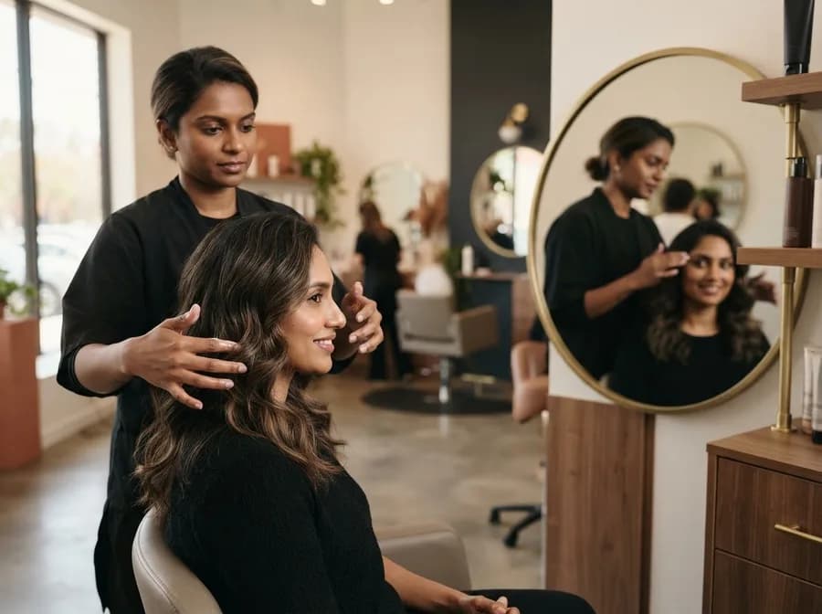 A stylist styling a client's long wavy hair in a bright salon