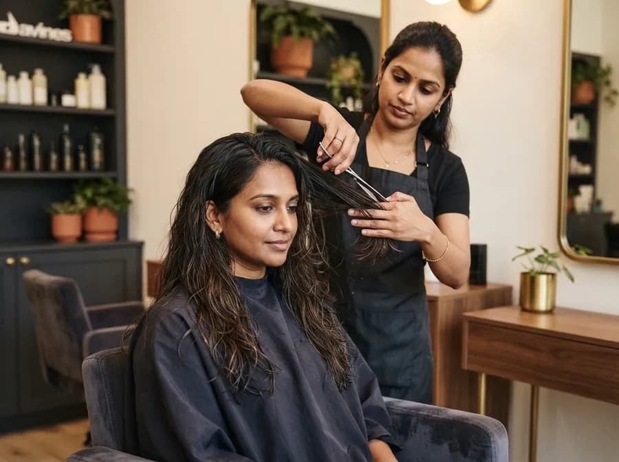 A stylist cutting layers into a client's long dark hair with scissors