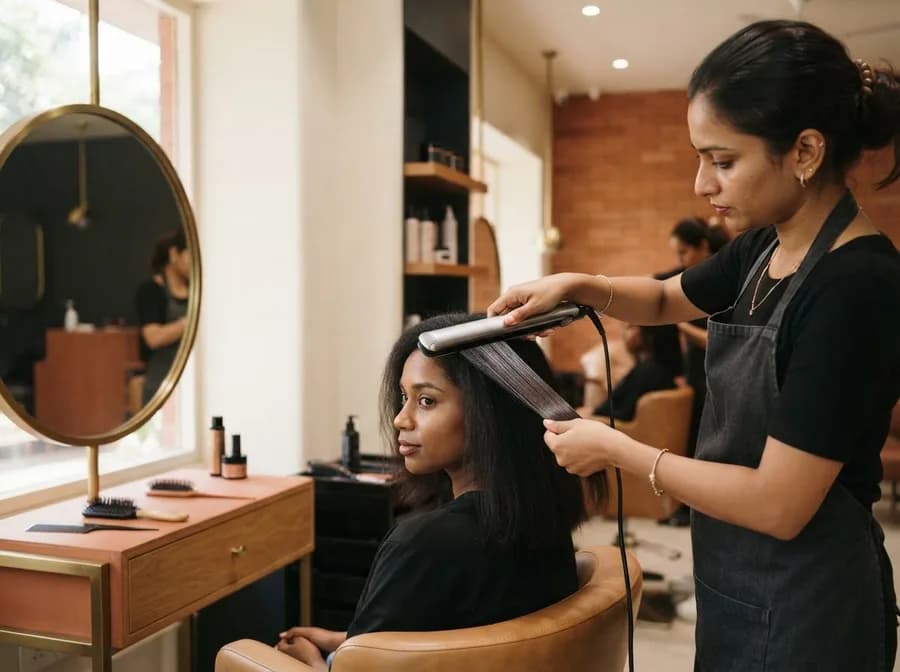 A stylist straightening a client's long hair with a flat iron in a salon