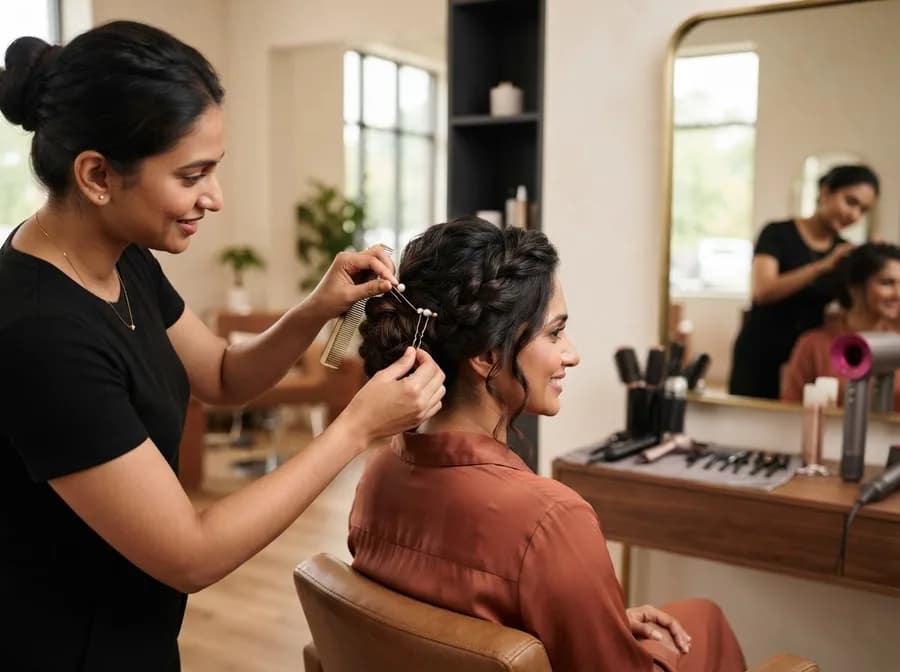 A stylist pinning a client's braided updo in a bright salon