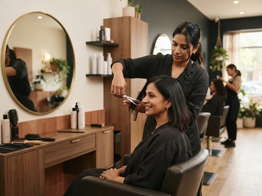 A stylist trimming a smiling client's shoulder-length hair with scissors in a salon