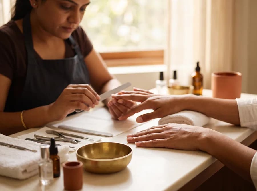 A nail technician filing a client's nails during a manicure at a salon table