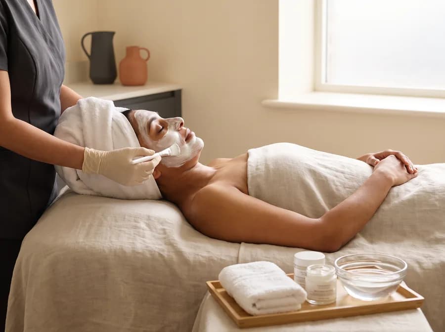 An esthetician applying a facial treatment with a brush to a relaxed client on a spa bed