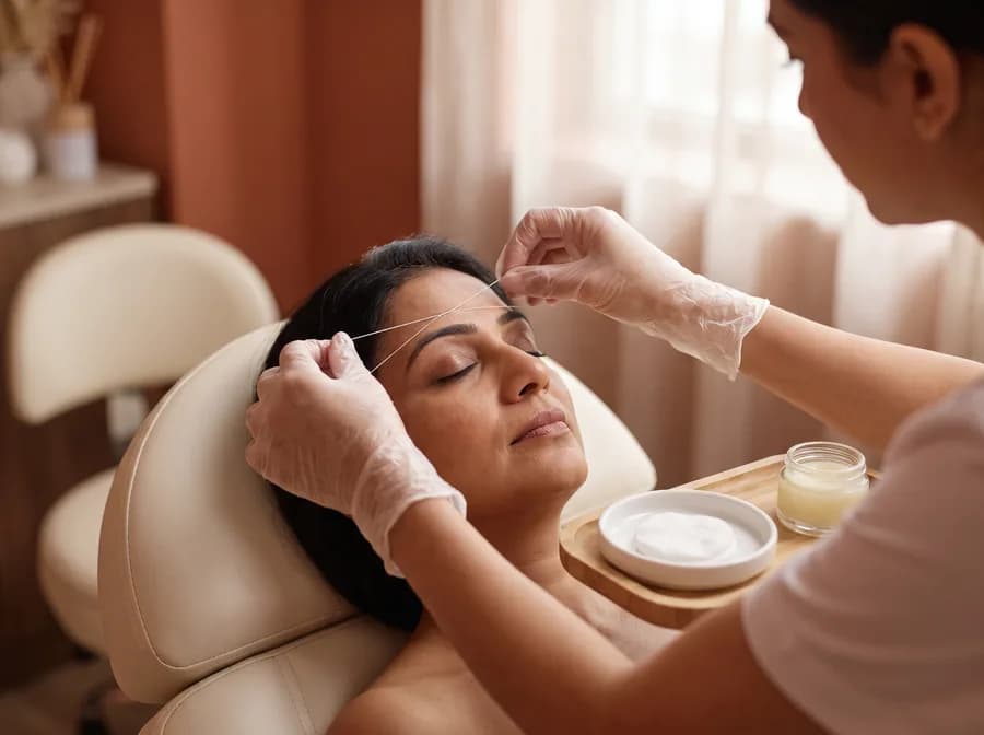 A technician performing eyebrow threading on a reclined client