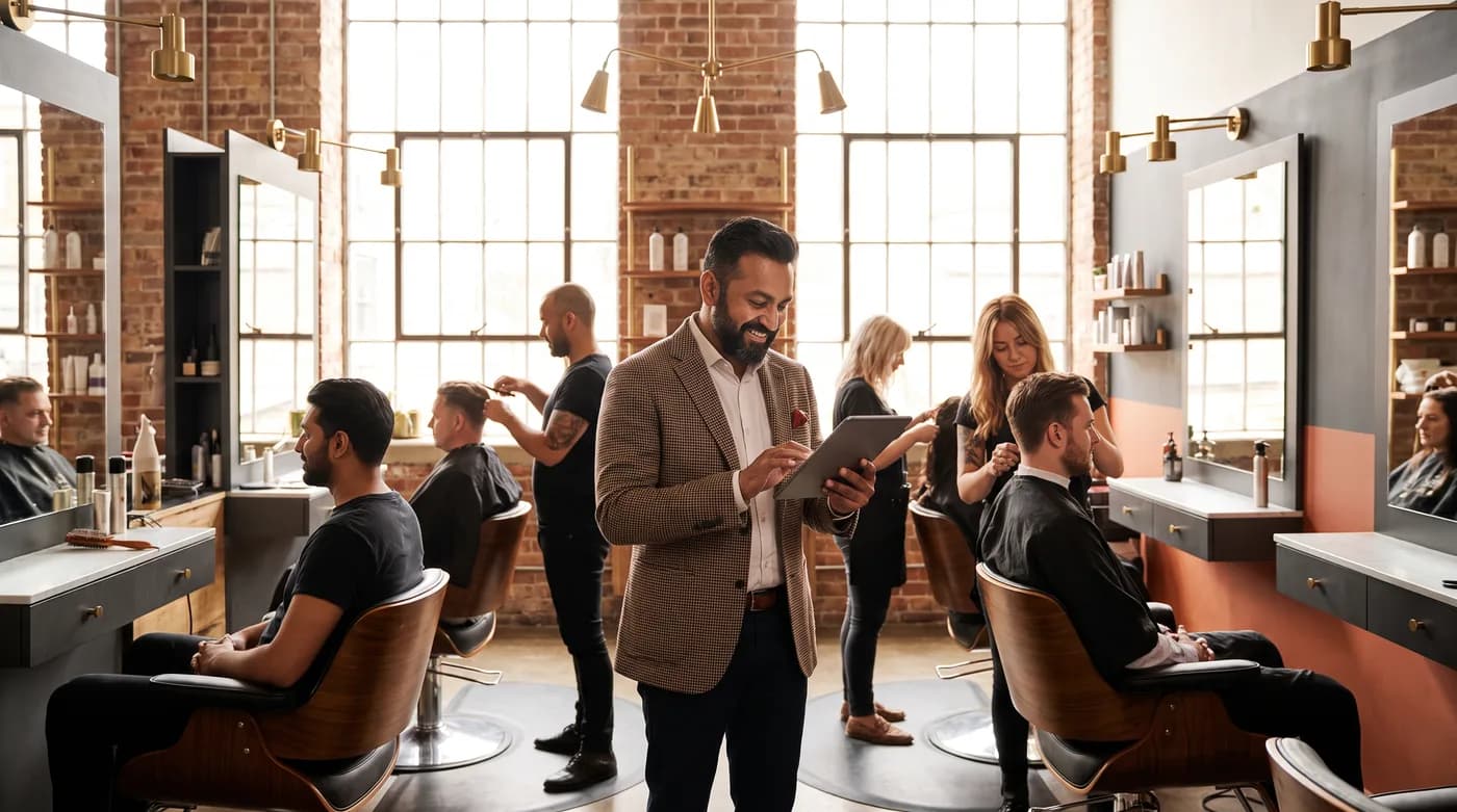 A salon owner reviewing bookings on a tablet on the floor of a busy barbershop